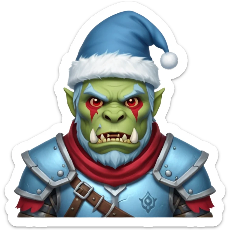 
Fantasy Christmas orc legion soldier icon, iron tundra army theme, heavy winter armor, disciplined brutal look, icy blue steel armor with deep crimson accents, frozen metal texture, cold winter atmosphere, male variant sticker