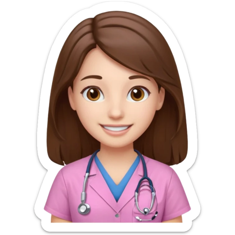 doctor, pink, she, hair brown, eyes brown, scrub baby pink, white skin, long hair, smile  sticker