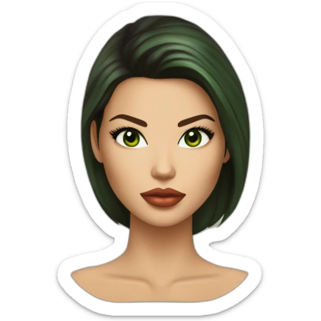 Mujer, ojos avellanados color verdes, labios finos, el color de ojos de adriana lima, cabello castaño oscuro y liso, nariz respingada, mentón prominente sticker