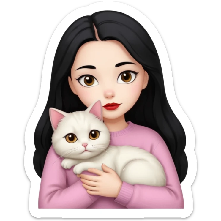 Beautiful Girl Long Hair black, Brows Big , Skin White, Sweater Pale Pink , Big Red Lips, Eyes coffe, Hug Little baby Persa Cream Cat With Cute Eyes sticker