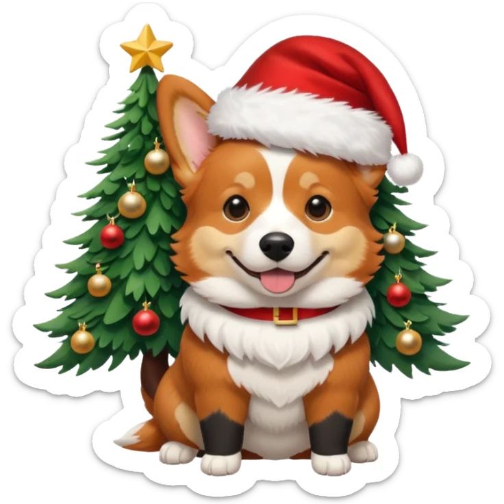 tricolor (black and red head) corgi with santa hat on and christmas tree near sticker