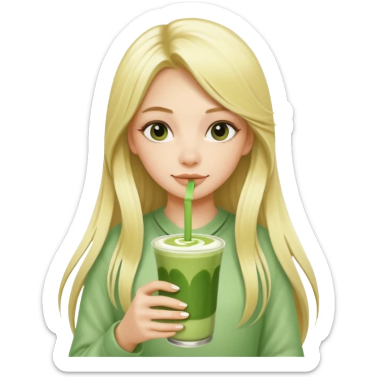 blonde luxury long hair girl with 1 drink of matcha latte and a lot of straws sticker