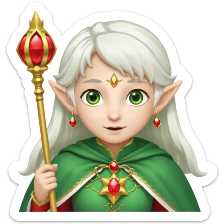 an elf with very white hair and two long PONYTAILS/pigtails on the side of her head, she has a curtain bang, green eyes, she has a white cape with golden borders and a scepter with a red orb, she has earrings that look like red drops sticker