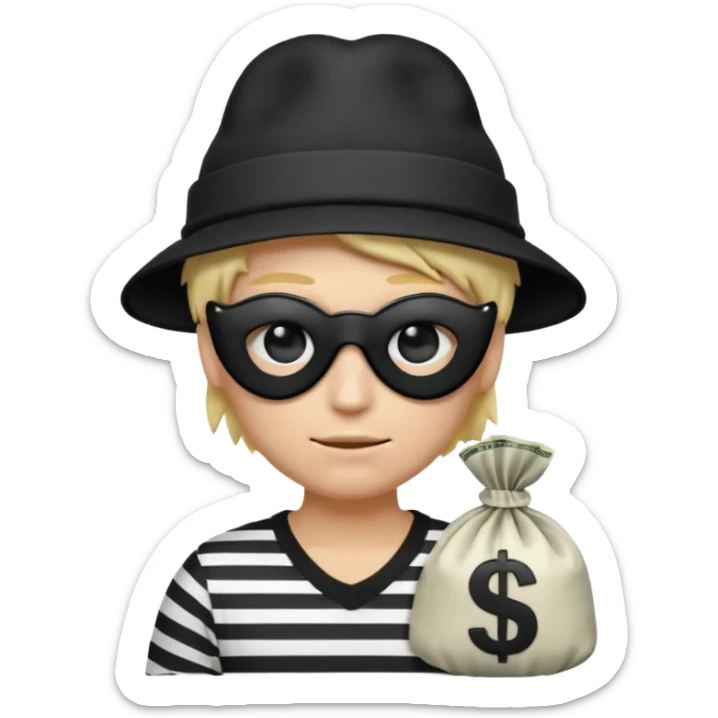 Realistic ios emoji-style portrait of a classic burglar, a black eye mask and a black-and-white striped shirt. emoji-like hair, black hat, a bag of money 💰 with a dollar sign in a right corner, mean expression  sticker