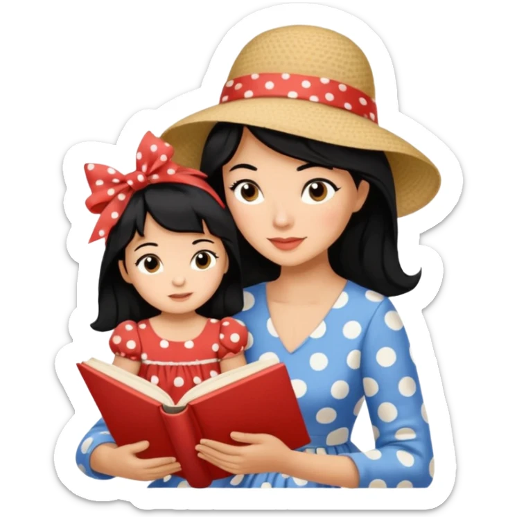 A black hair mother in a ribboned hat wearing polka dot dress reading a storybook to her child. sticker
