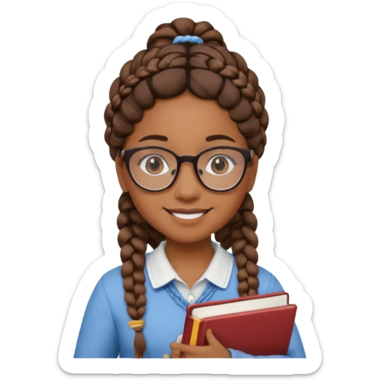 A student, girl, brown skin, braid hair, wearing glasses, hold book in front of their chest sticker