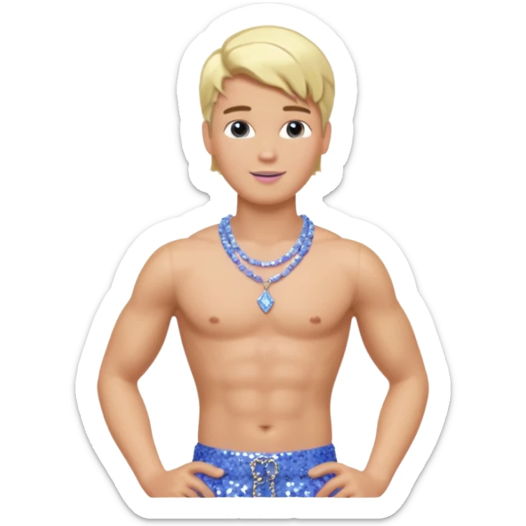 Ken from Barbie with blonde hair, perwinkle sequin baggy pants, shirtless with necklace  sticker