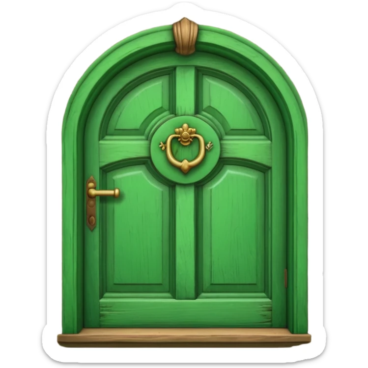 A wooden green door emoji in the style of Apple emoji with a window and a knocker and a different color sticker