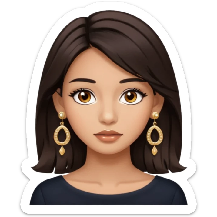 girl with brown asian eyes, long eyelashes, layerd mid length hair dark brown, tanned skin with Chanel earrings  sticker
