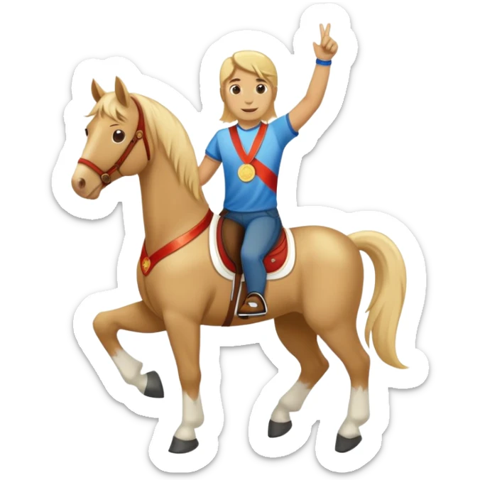 friendly anthropomorphised horse in jeans and a t-shirt, wearing a gold medal sticker
