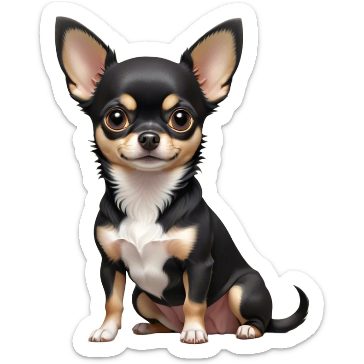 Cinematic Noble Black Tri Short Haired Chihuahua Portrait Emoji, Poised and regal, with a compact, muscular build and a striking black tri-color coat with hints of white and tan, deep-set soulful dark eyes, Simplified yet sharp and sophisticated features, highly detailed, glowing with a soft, dignified glow, high shine, intelligent and loyal, stylized with an air of strength, focused and attentive, soft glowing outline, capturing the essence of a watchful and confident guardian, so majestic it feels as though it could step out of the screen with effortless authority! sticker