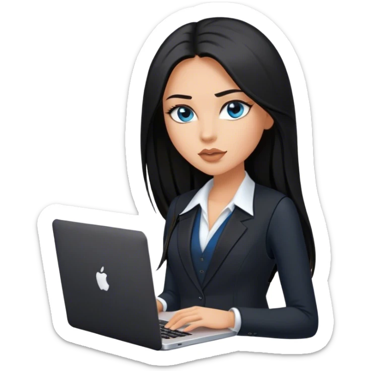 Model glamours tanned beautiful girl with pump nude lips and black straight long hair, straight hair parting, blue eyes with MacBook and black, black suit vest, V-neck - only one person sticker