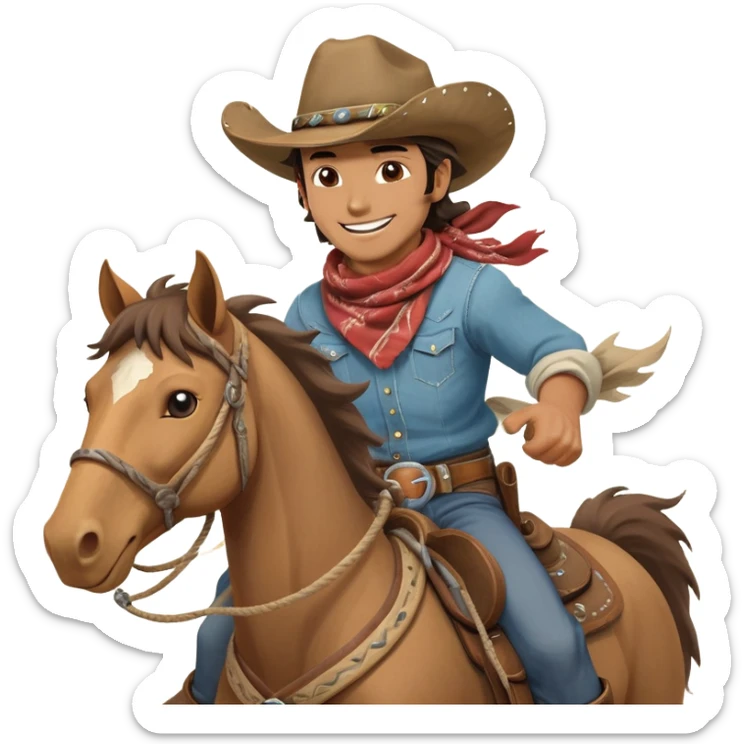 clash-of-clans-aesthetic_-cinematic-playful-cowboy-portrait-emoji, head-tilted with a roguish, cheeky grin and twinkling eyes, featuring a rugged, spirited build with a wide-brimmed cowboy hat and a weathered bandana on tan skin, riding a powerful galloping horse with dynamic flowing mane, reins gripped firmly in one hand and a lasso in the other, as dust swirls behind them in a vast desert landscape. sticker