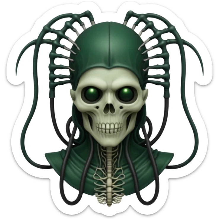 HR giger, wires, dark green, black flesh undead sorcerer, head. bones and skin sticker