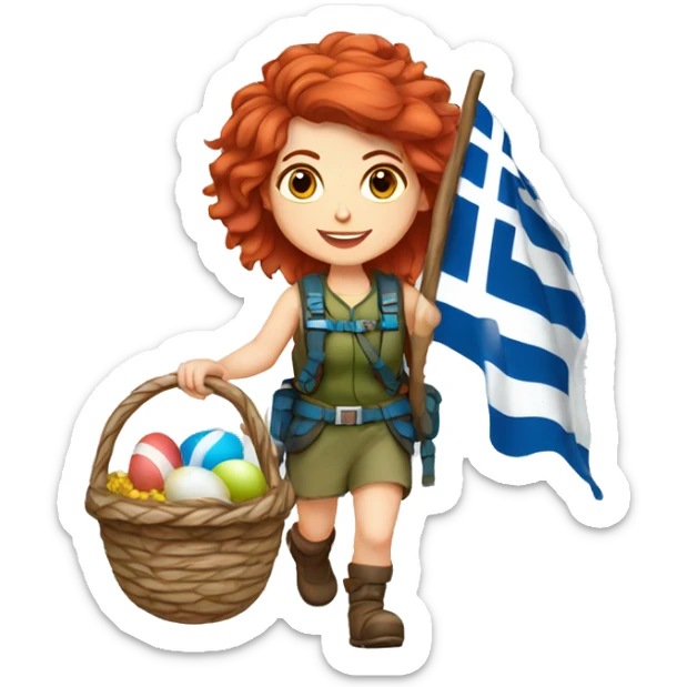 Greek Female winter mountaineer red hair white skin climbing with Greek Flag and Easter eggs basket sticker