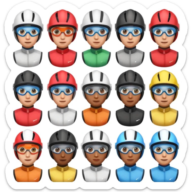 diverse horse race jockey portraits, head and shoulders only, different skin tones, different helmet colors, racing goggles, 3D cartoon, mobile game icon style, clean background, no text, no watermark
 sticker