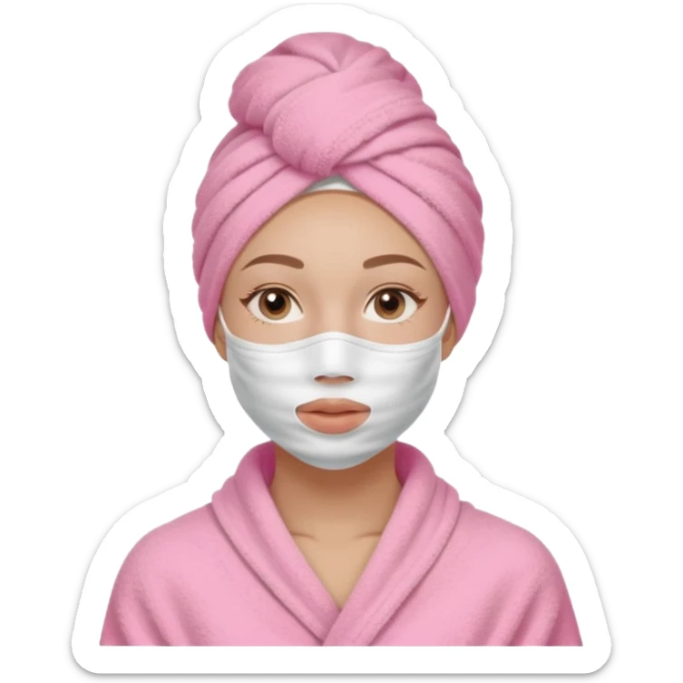 Clean girl influencer character, chest-up portrait, wearing a pink towel wrapped around the head, half-face skincare mask (applied only on one side of the face), relaxed confident expression, , minimal chic self-care aesthetic, subtle beauty accessories sticker