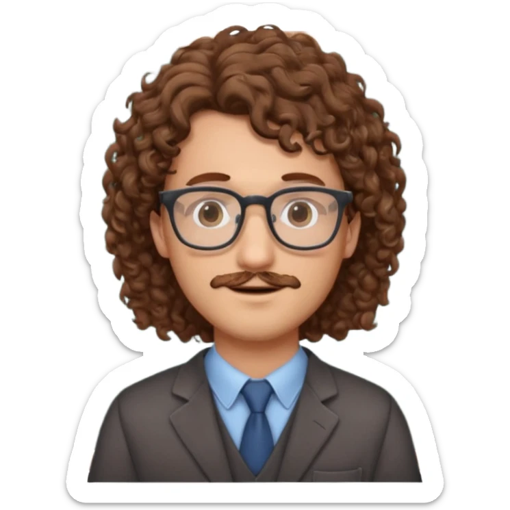 Please could you generate an emoji of a male teacher with brown curly hair and glasses stood infront of a chalkboard  sticker