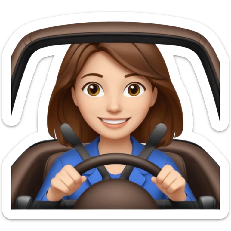 Brown hair woman driving car. Happy face sticker