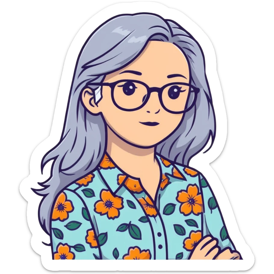 Hippie woman with long flowing gray hair and glasses wearing floral shirt sticker