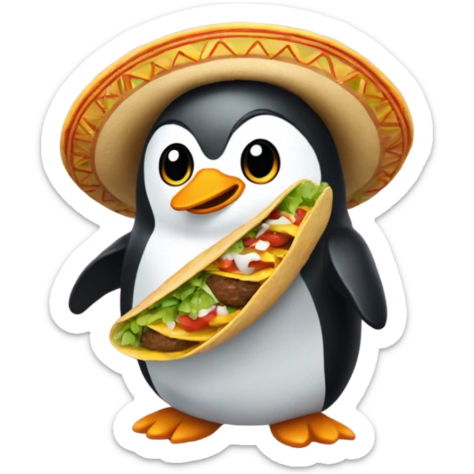 Penguin with curly hair and holding a taco with a sombrero on its head sticker