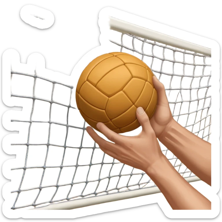 A close-up of a hand gripping a handball, with the handball gates visible in the background. The focus is on the texture of the ball and the strength of the grip, with the goal net slightly blurred to emphasize the anticipation of the throw. sticker