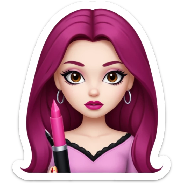 pale skin, girly bratz baddie, beautiful dark brown eyes, sharp black eyeliner, long dark red hair sticker