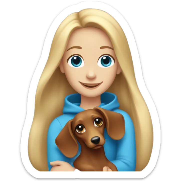 a smiling girl with blonde long hair and blue eyes holding a long haired dachshund in her arms sticker