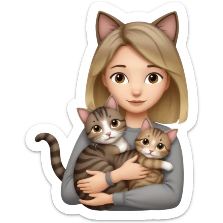 Une femme avec les cheveux dégradée, brun et blond, qui fait un câlin à son chat qui est gris, tigré avec les extrémités oreille patte et queue noir  sticker