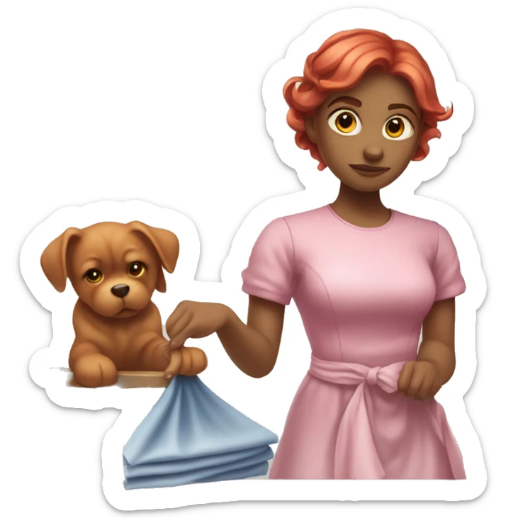 "A beautiful girl with red hair and fair skin, wearing a pink dress, cleaning another dress with a cloth. She is focused on the task and looks determined."






 sticker