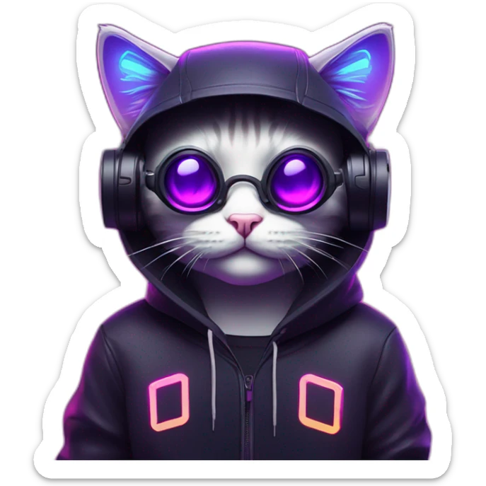 funny cat wearing a black hoodie with "OMG" letters on it and VR headset in a cyberpunk VR environment with violet neon lighting. sticker