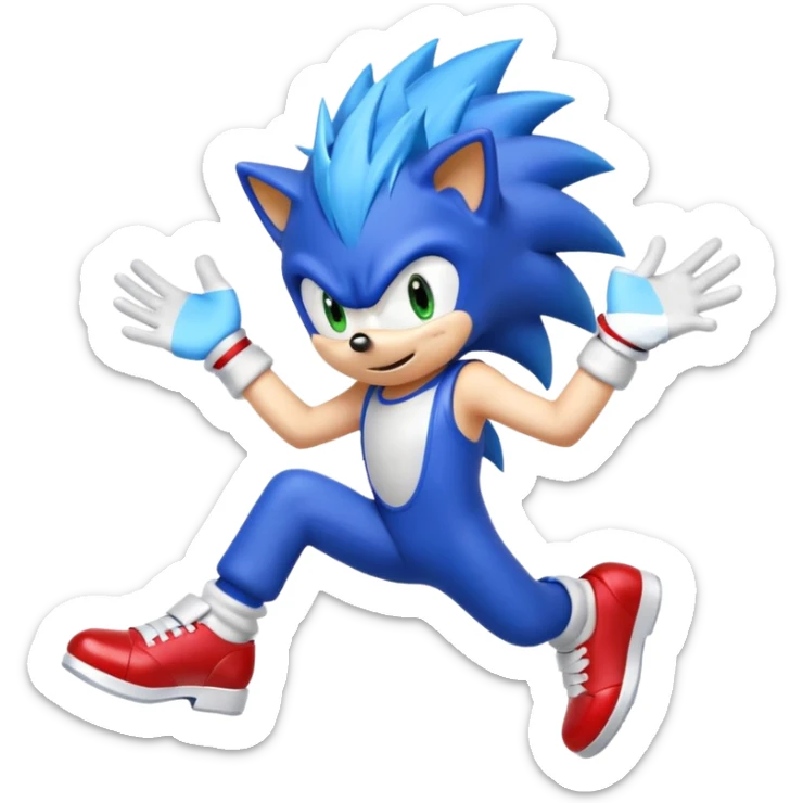 Sonic the Hedgehog, blue spiky hair, white gloves, red shoes, energetic expression sticker