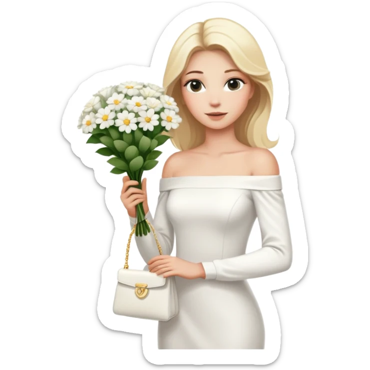blonde woman in a white off-shoulder dress with long sleeves and a bouquet of white flowers in a white bag in her right hand sticker