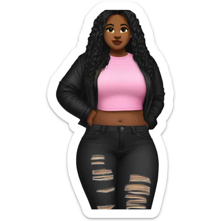 Bbw long back hair pink crop top and black ripped jeans and black heel boots  sticker