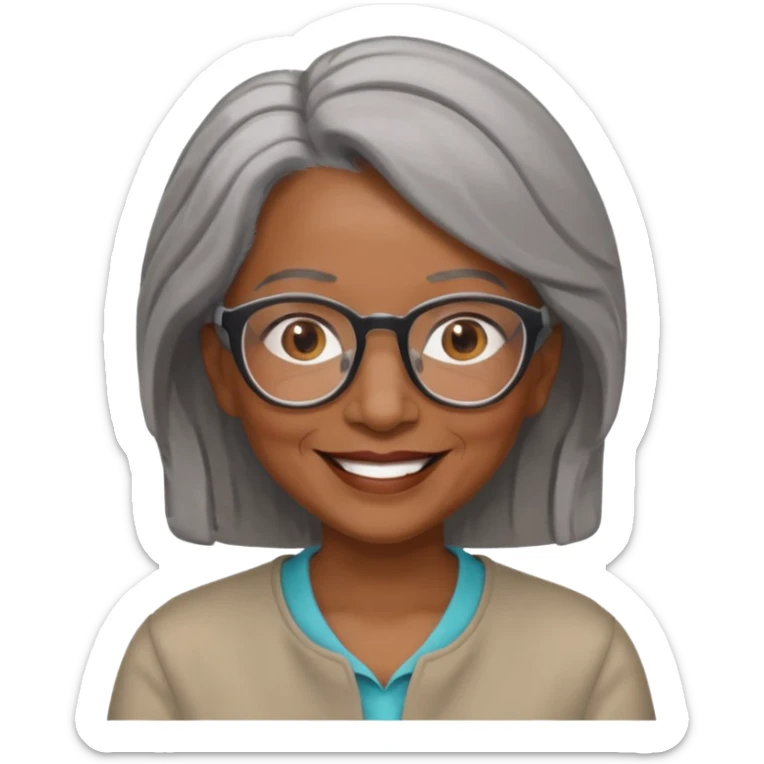 Older woman of color with gray shoulder length  hair and glasses and smiling sticker