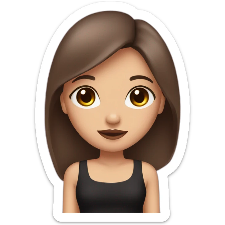 A girl with brown eyes, long straight brown hair, plump pink lips in a black dress sticker