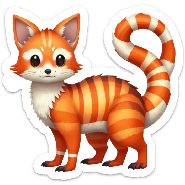 lush warm-colored Fakémon-Trico-creature (full body) with white cheek markings, white-striped tail sticker