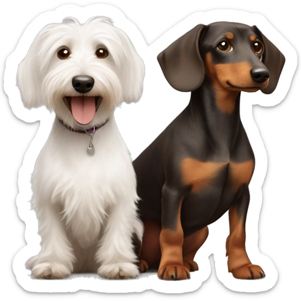 Scruffy white terrier dog and smooth coat brown dachshund dog who are friends  sticker