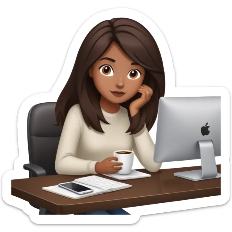 girl with dark brown/black hair with fresh blowout sitting at a desk with coffee and computer sticker