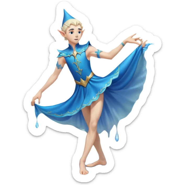 elf male dancer with water-like dress, graceful pose on wet sand, splashes, pointy ears, serene expression, centered emoji, ethereal blue colors sticker