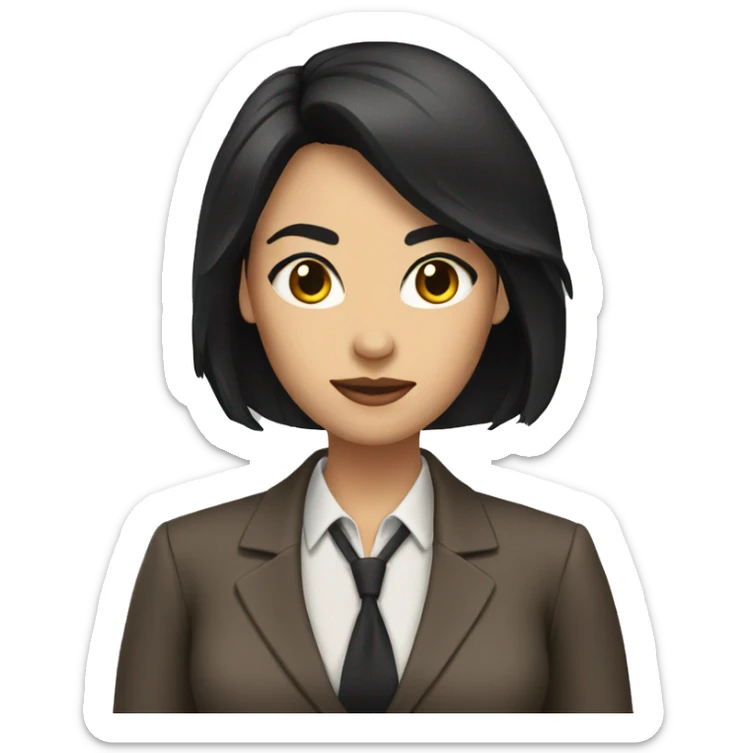Female defense attorney with long black hair with brown suit sticker