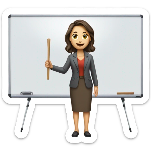 apple style emoji: brunette white woman as a teacher, with a stick in the hand and a whiteboard sticker