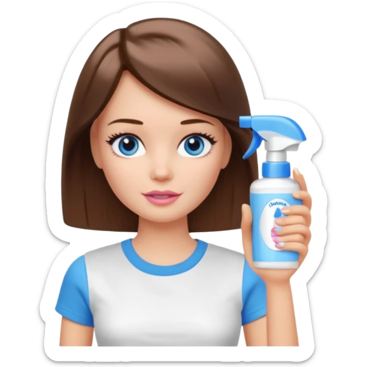Barbie girl with makeup, blue eyes , and bob long haircut, short brown hair in white T-shirt, face Wash Cream sticker