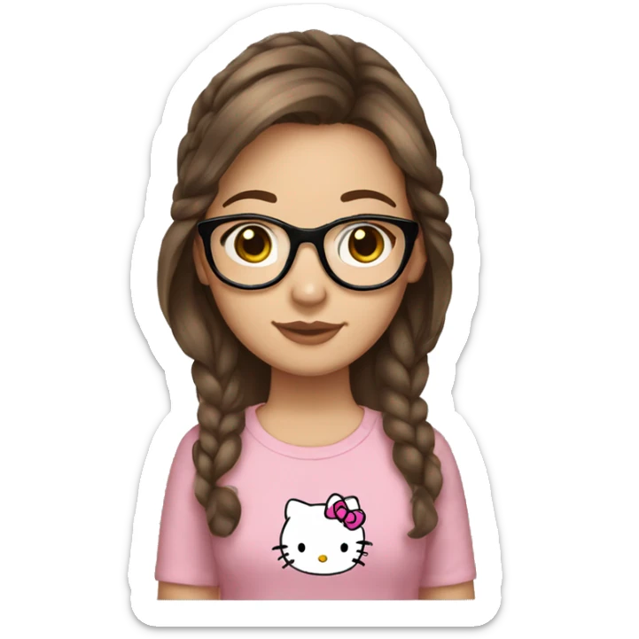 teenage girl, brown hair, brown eyes with glasses, hello kitty outfit sticker