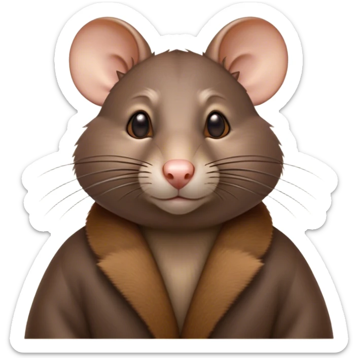 Cinematic Noble Brown Rat Portrait Emoji, Poised and alert, with a sleek, agile build and a smooth, well-groomed coat of warm brown fur, beady, determined eyes, Simplified yet sharp and sophisticated features, highly detailed, glowing with a soft, dignified glow, high shine, intelligent and resourceful, stylized with an air of urban savvy, focused and attentive, soft glowing outline, capturing the essence of a watchful and confident rat that feels as though it could scurry out of the screen with effortless authority! sticker