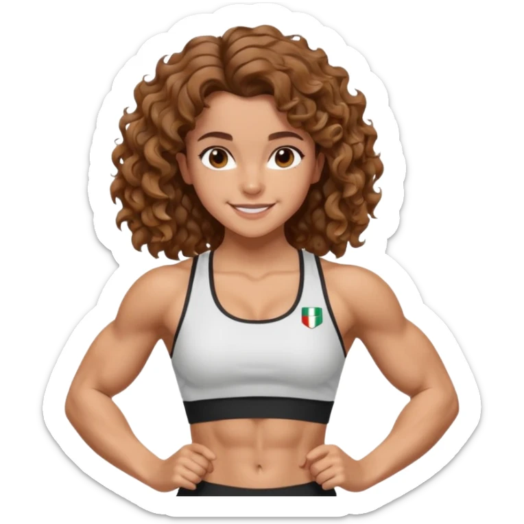 big biceps, muscled torso, very beautiful italian happy girl, looking like Emma Watson, with wavy curly bright hazelnut hair, dressed in a beautiful sports outfit, very muscled sticker