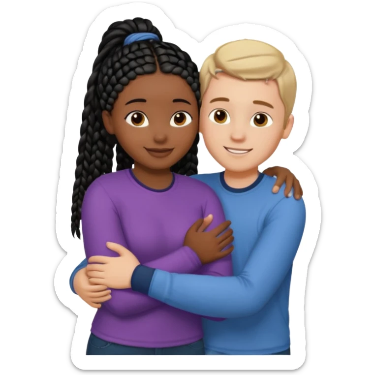 Dark black girl with black braids and tan white boy with curvy straight brown hair, they are hugging and smiling, and touching each other with their hands sticker
