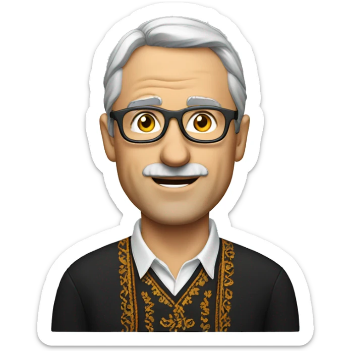 a middle-aged European man wearing an embroidered shirt and glasses sticker