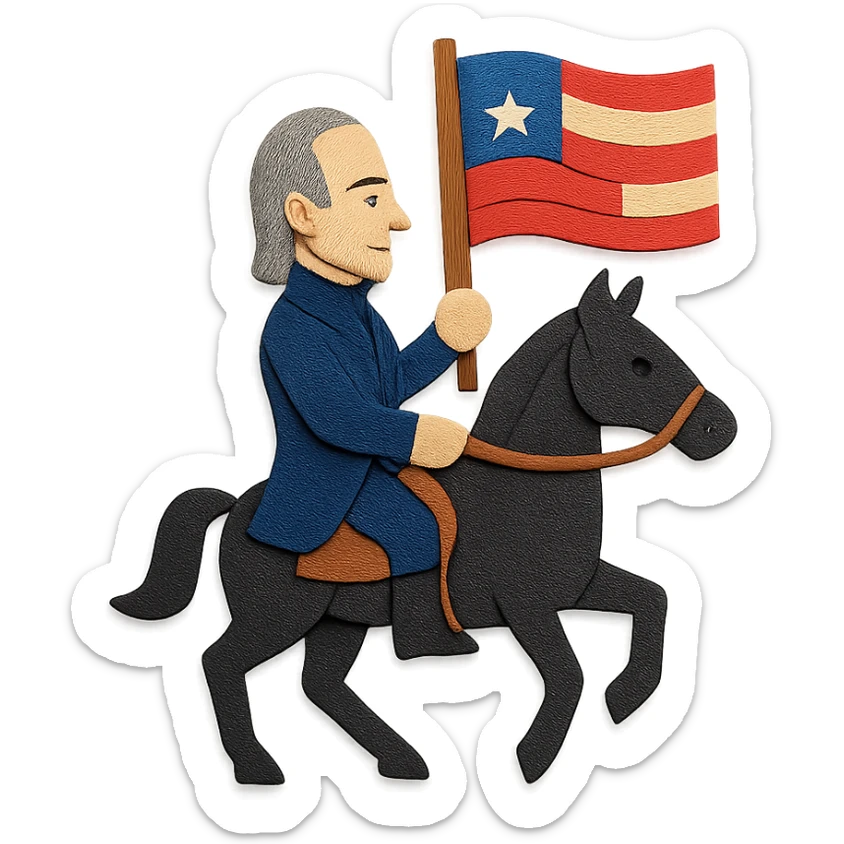 Polk on a dark horse, holding a flag, layered paper look, paper craft style sticker
