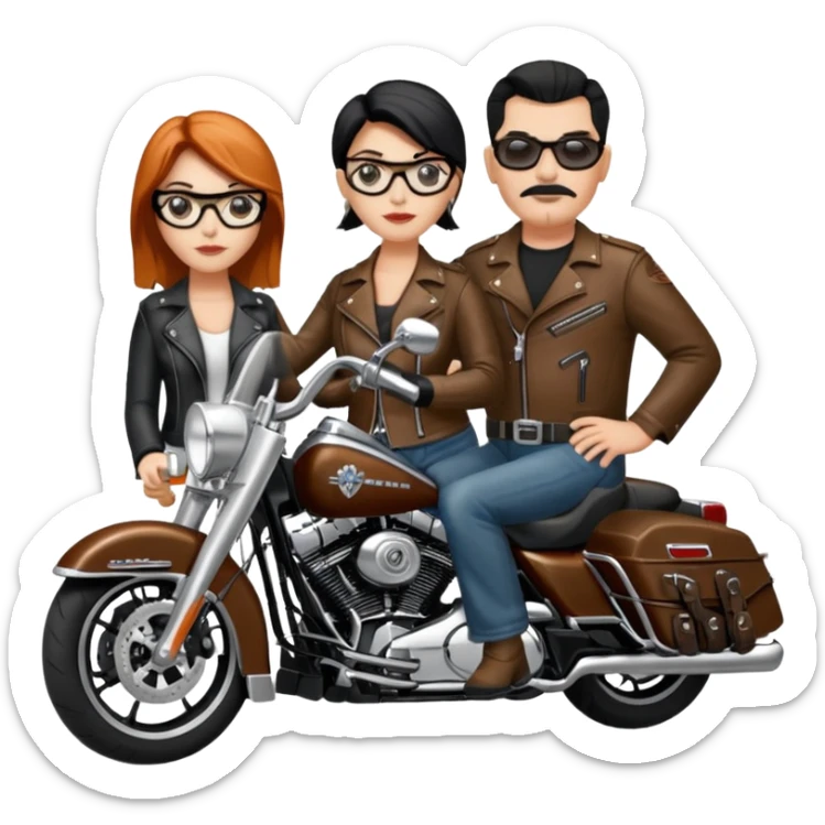 Un couple de biker sur une harley road king noire, l'homme sans moustache et une paire de lunettes demetz ros21, la fille a des cheveux plus dans les tons chatain sticker